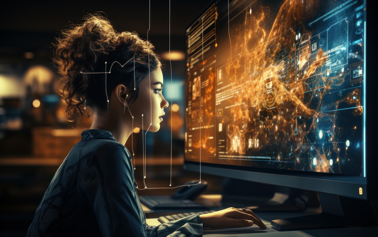 Informatik - Eine Programmiererin sitzt vor dem Computer. Informatik - Eine Programmiererin sitzt vor dem Computer.